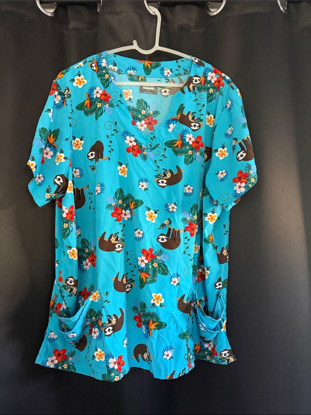 Butter Soft Turquoise Sloth Print Scrub Top